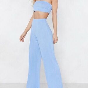 NWT Nasty Gal Sky Blue The Perfect Fit Bandeau Top and Pants Set Pale Blue Sz 4